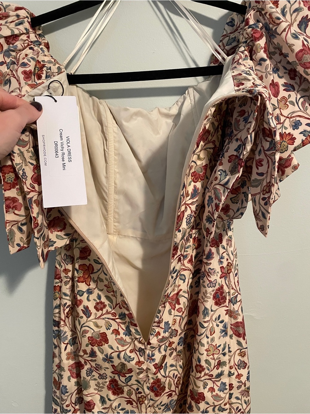 RHODE Off-Shoulder Floral Metallic Midi Dress in Cream and Rose - Picture 7 of 10